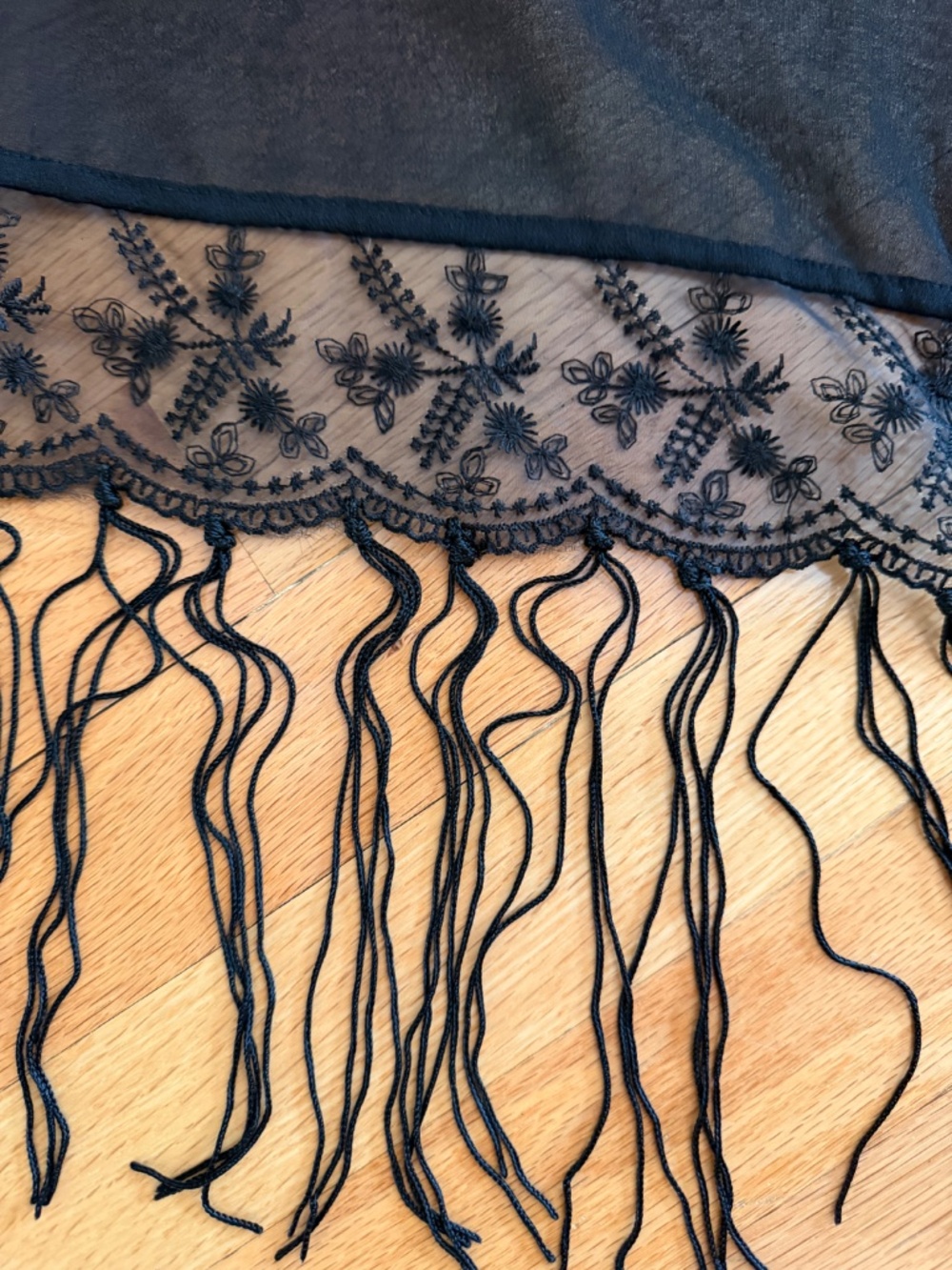 Black Dressy Shawl Wrap with Fringe and Lace Semi Sheer - Picture 8 of 9